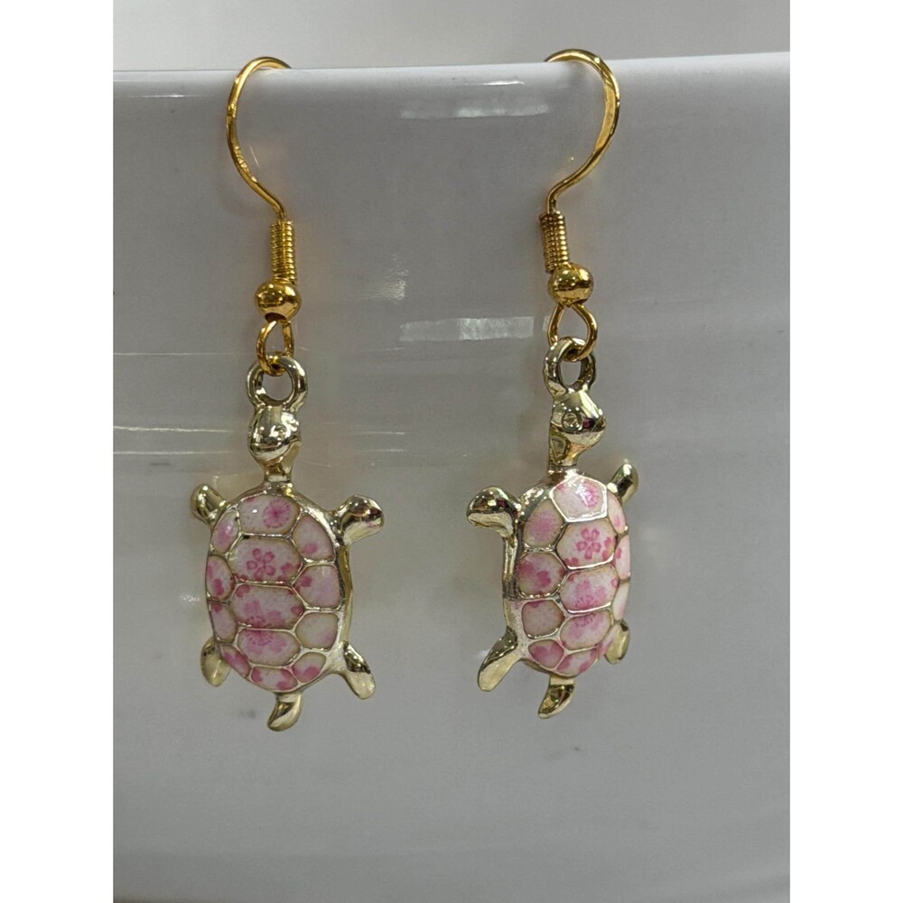 Floral Enamel Turtle Earrings | Gold-Tone Dangle, Coastal Jewelry